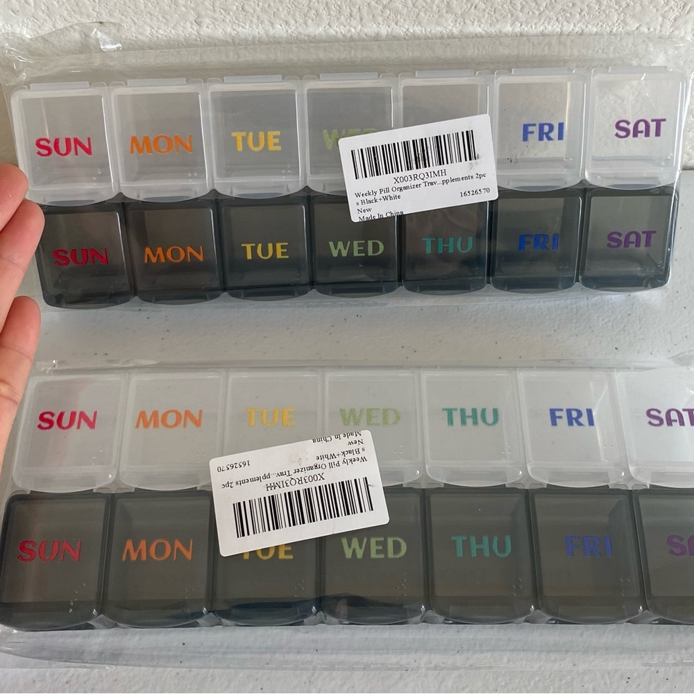 Bundle of 4 Pack Weekly Pill Organizer with Color-Coded Lids